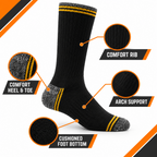 Heavy duty work sock showing comfort rib, heel and toe panels, arch support and cushioned sole