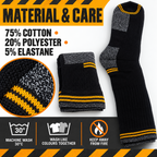 Work sock material and care guide: 75% cotton, 20% polyester, 5% elastane, machine wash at 30 degrees Celsius