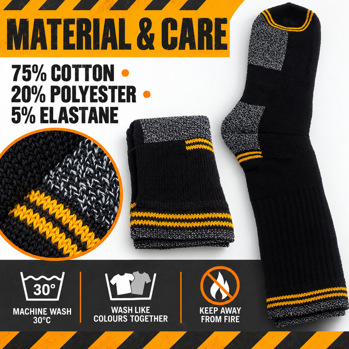 Work sock material and care guide: 75% cotton, 20% polyester, 5% elastane, machine wash at 30 degrees Celsius
