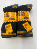 Heavy duty work socks in retail packaging, black with grey heel and toe panels and yellow stripes