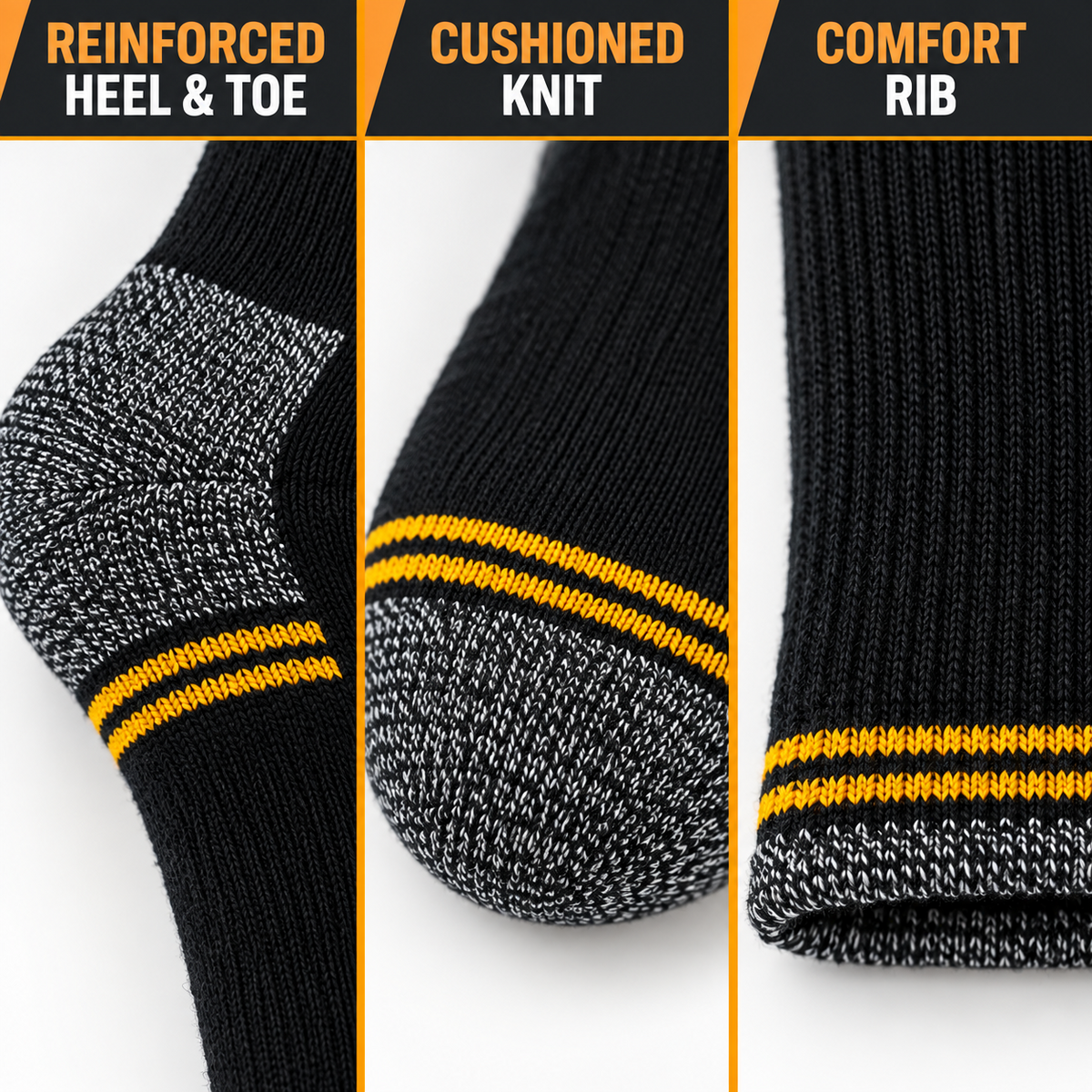 Close-up details of reinforced heel and toe, cushioned knit and comfort rib on work socks