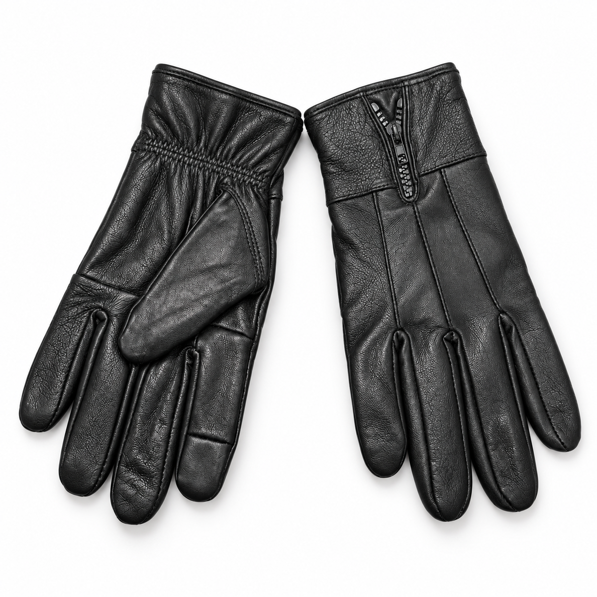 Pair of men's black leather gloves showing wrist zip and palm