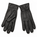 Pair of women's black leather-upper gloves showing bow detail and palm
