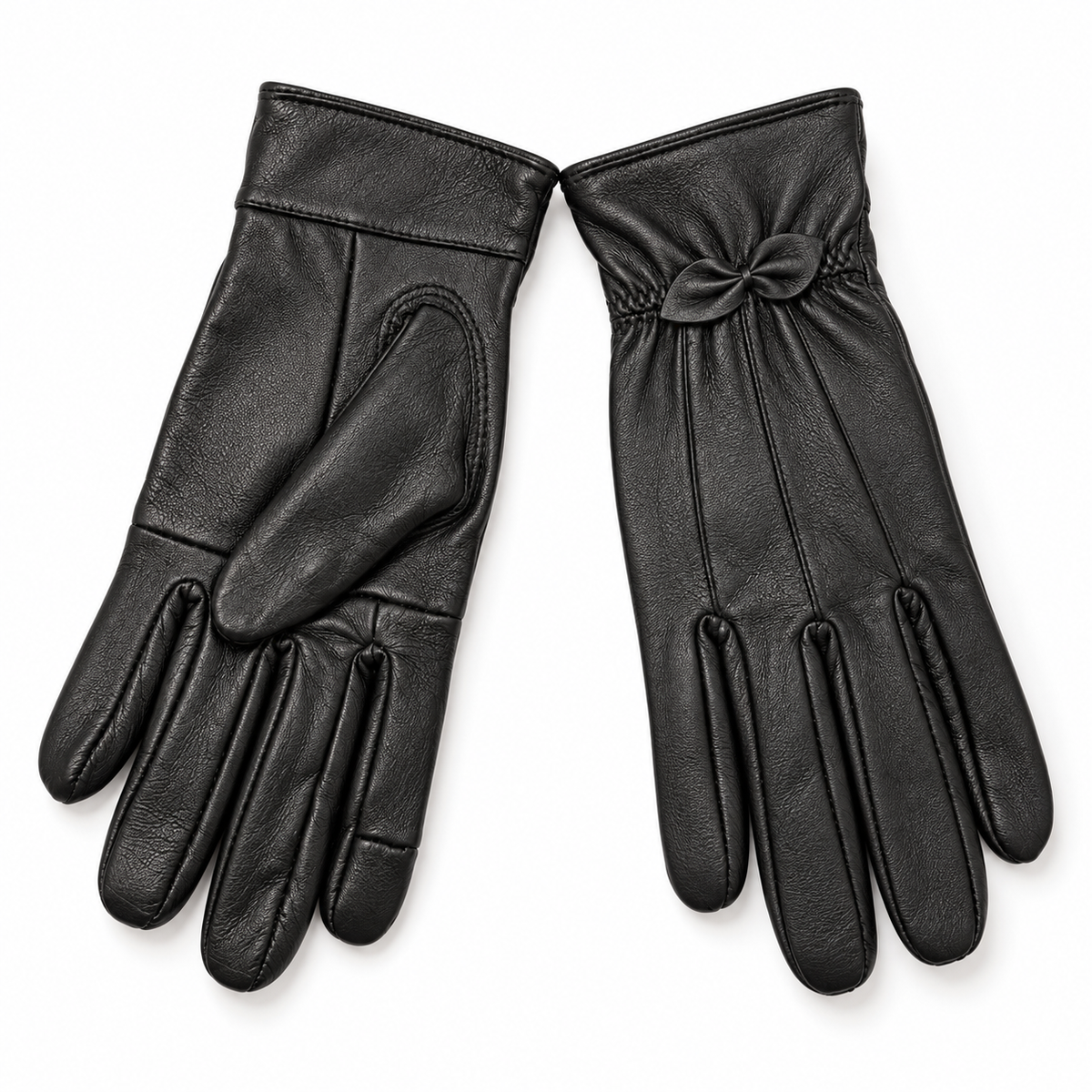 Pair of women's black leather-upper gloves showing bow detail and palm