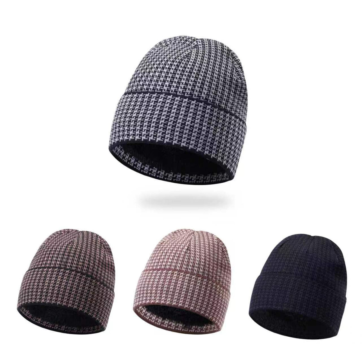 Men’s Houndstooth Fur-Lined Premium Beanie Hat – 12 Pack – 12 hats – One Size (58–62 cm)
