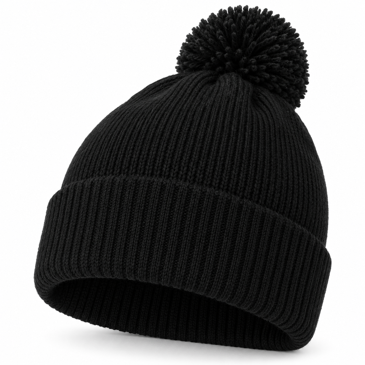 Original catalogue image of a black plain pom pom beanie with turn-up cuff