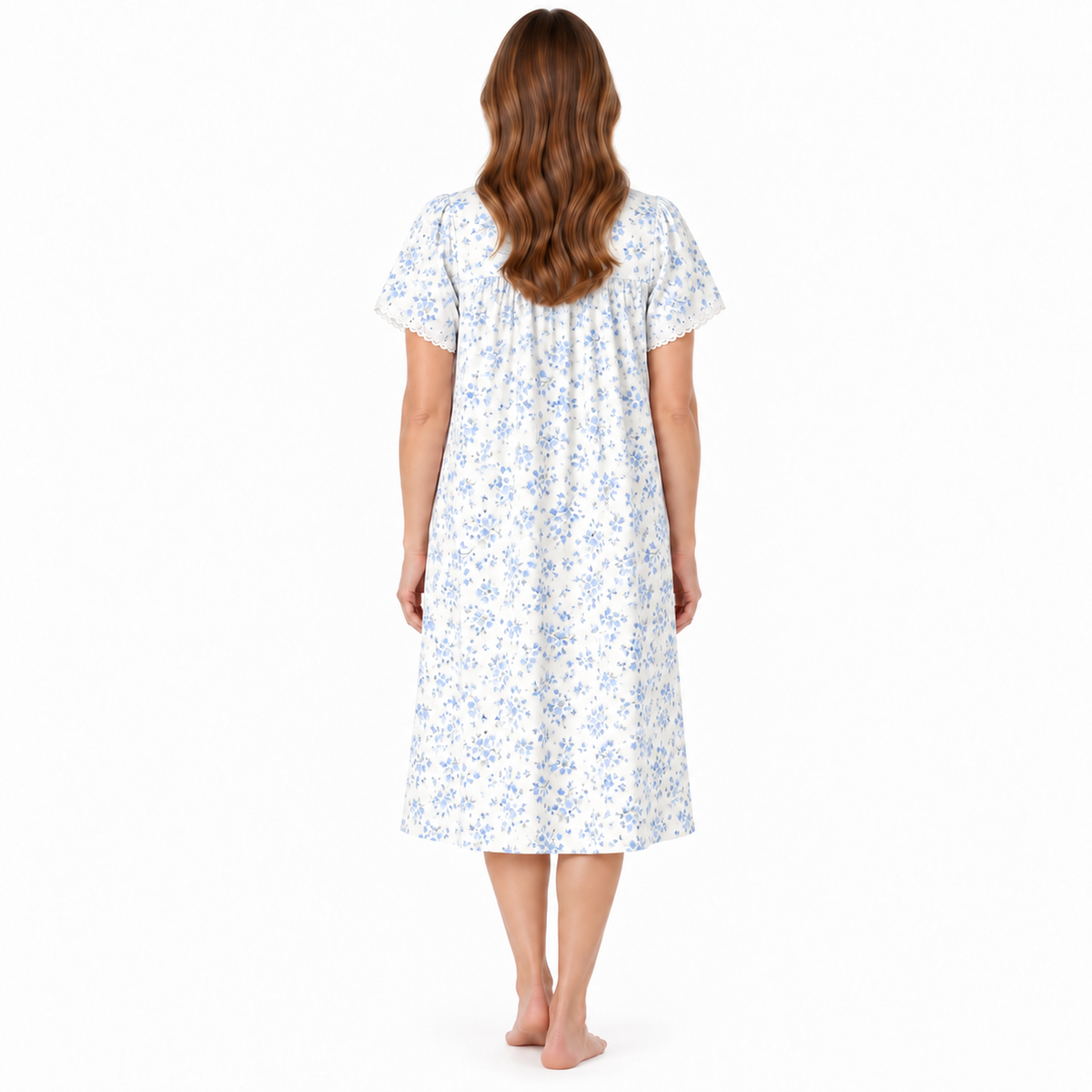Back view of the Lamros blue floral short-sleeve nightdress