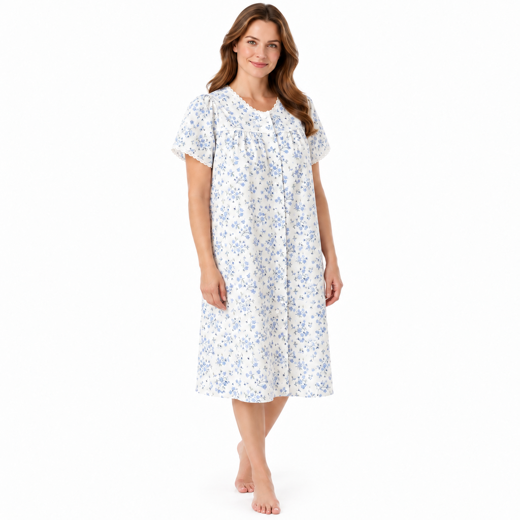 Lamros LR12 blue floral polycotton nightdress with full button front, short sleeves and scalloped trim, front view