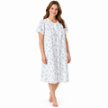 Lamros LR12 blue floral polycotton nightdress with full button front, short sleeves and scalloped trim, front view
