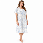 Lamros LR12 blue floral polycotton nightdress with full button front, short sleeves and scalloped trim, front view