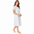 Side view of the Lamros blue floral nightdress showing its relaxed fit and below-knee length