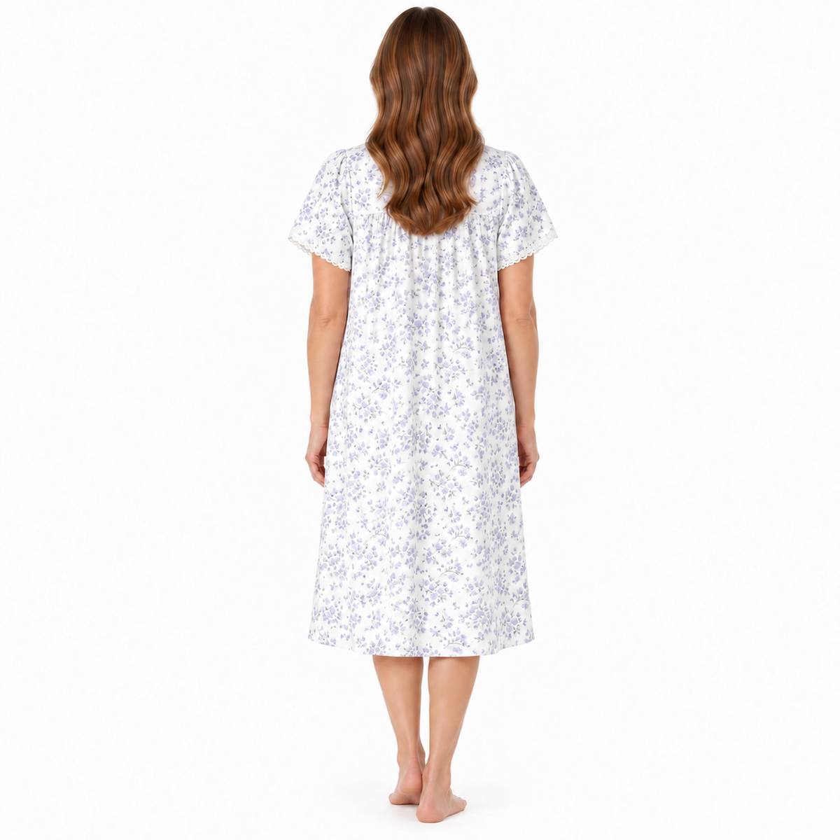 Back view of the Lamros lilac floral short-sleeve nightdress
