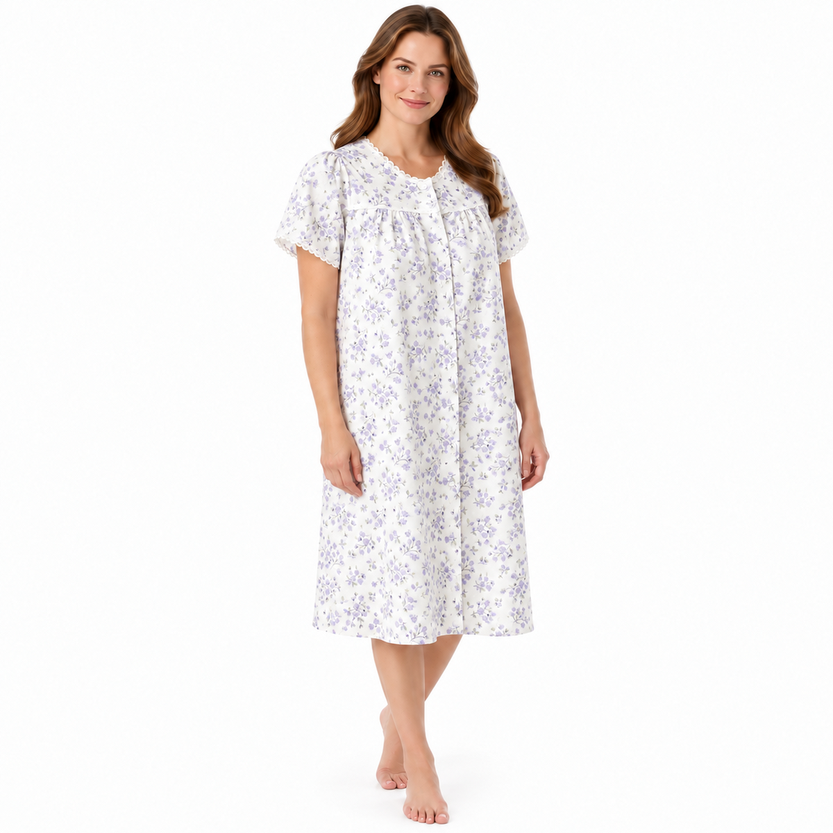 Lamros LR12 lilac floral polycotton nightdress with full button front, short sleeves and scalloped trim, front view