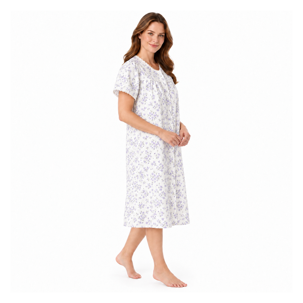 Side view of the Lamros lilac floral button-front nightdress with scalloped sleeve trim