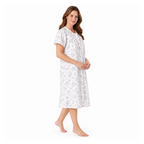 Side view of the Lamros lilac floral button-front nightdress with scalloped sleeve trim