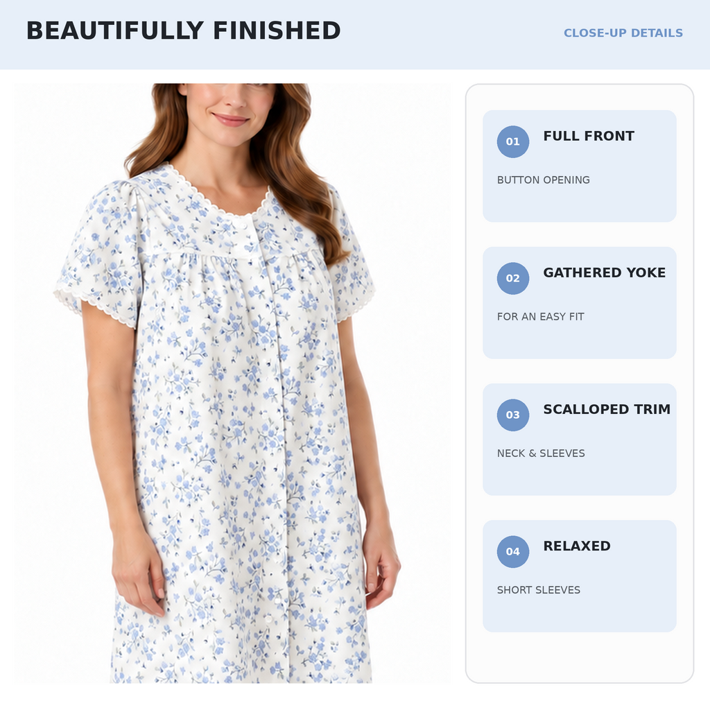 Lamros nightdress details showing full front button opening, gathered yoke, scalloped neck trim and short sleeves
