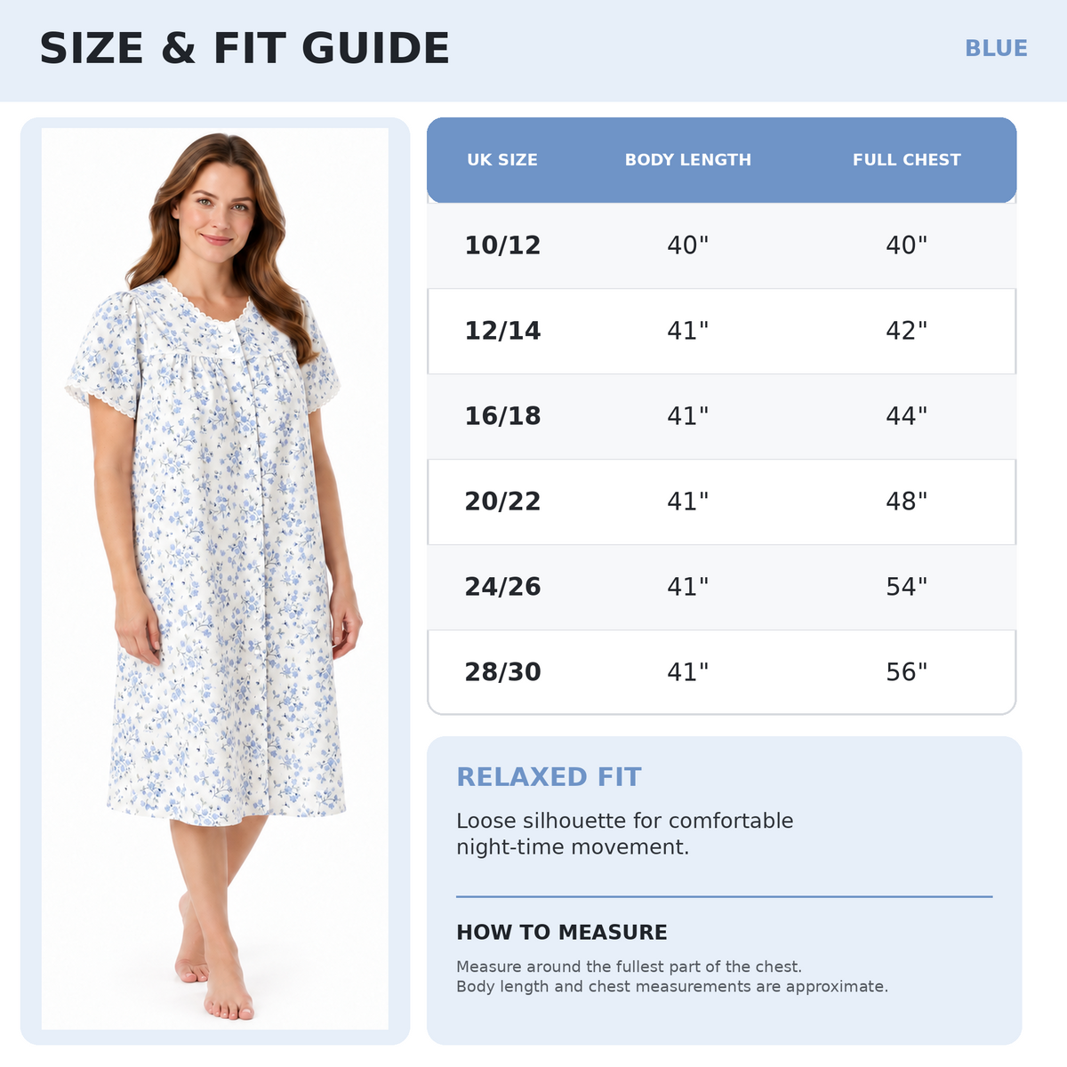 Lamros LR12 size and fit guide showing six UK sizes from 10/12 to 28/30 with body length and chest measurements