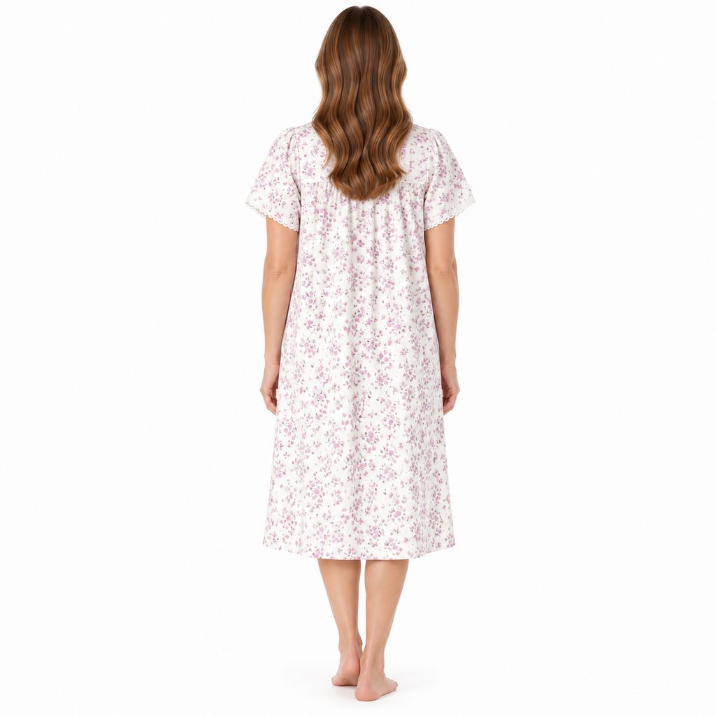 Back view of the Lamros pink floral short-sleeve nightdress