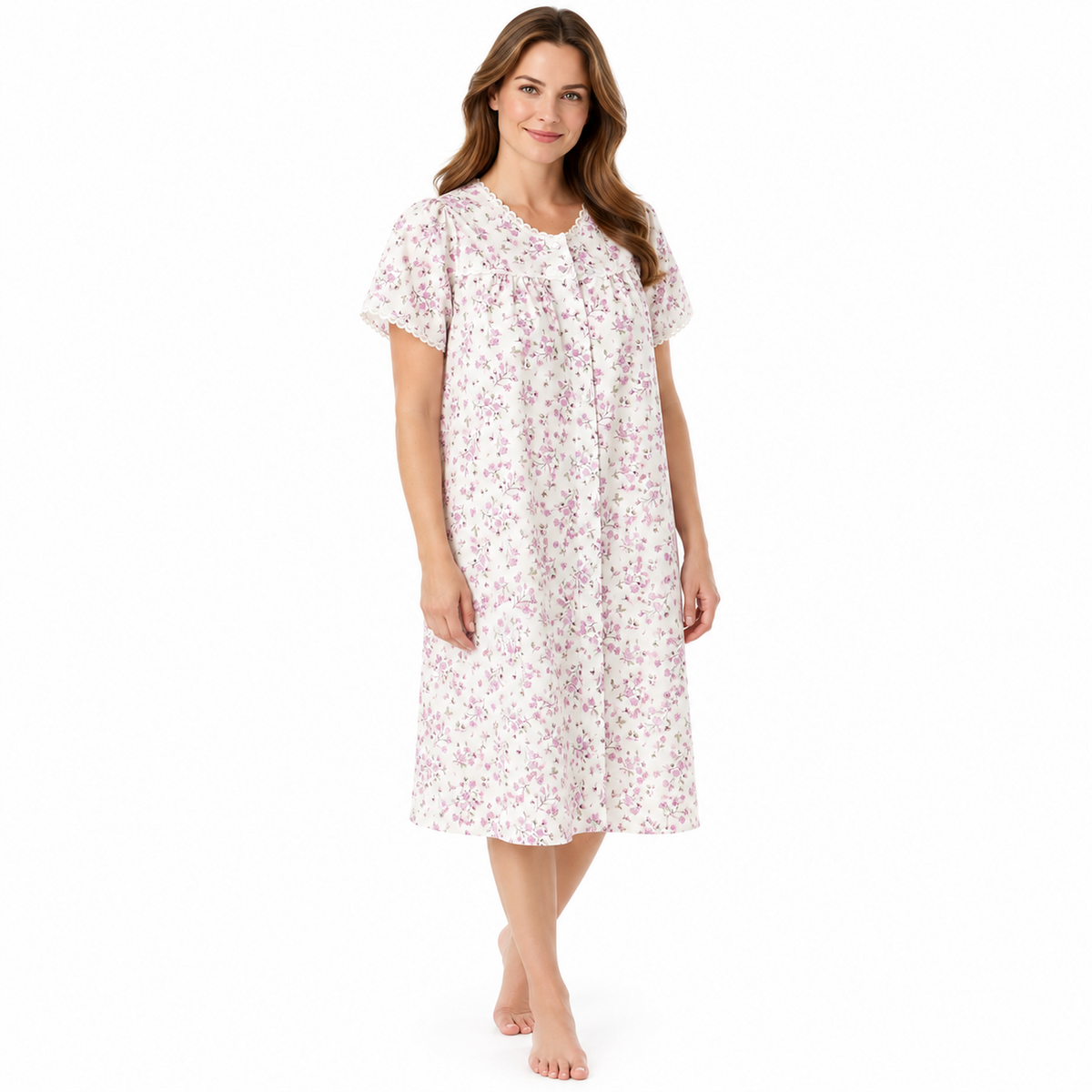 Lamros LR12 pink floral polycotton nightdress with full button front, short sleeves and scalloped trim, front view