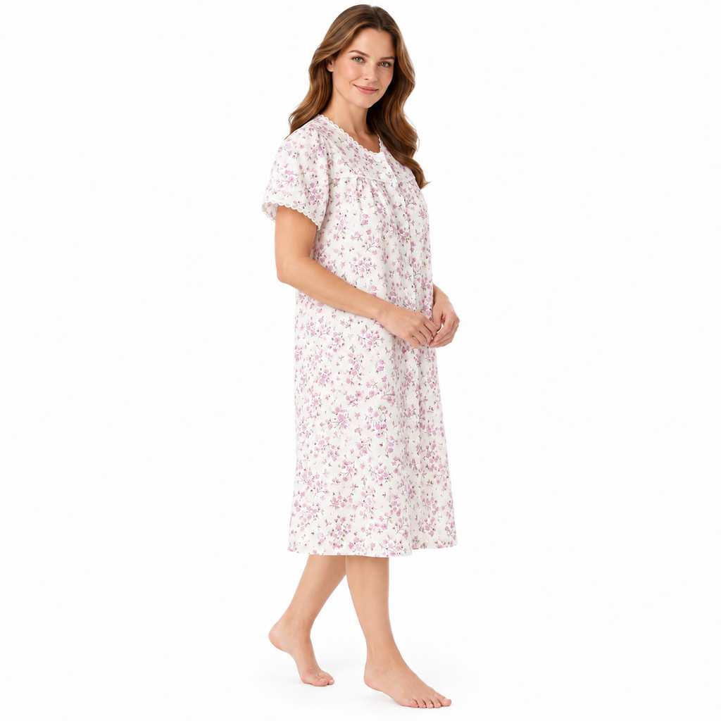 Side view of the Lamros pink floral button-front nightdress with scalloped sleeve trim