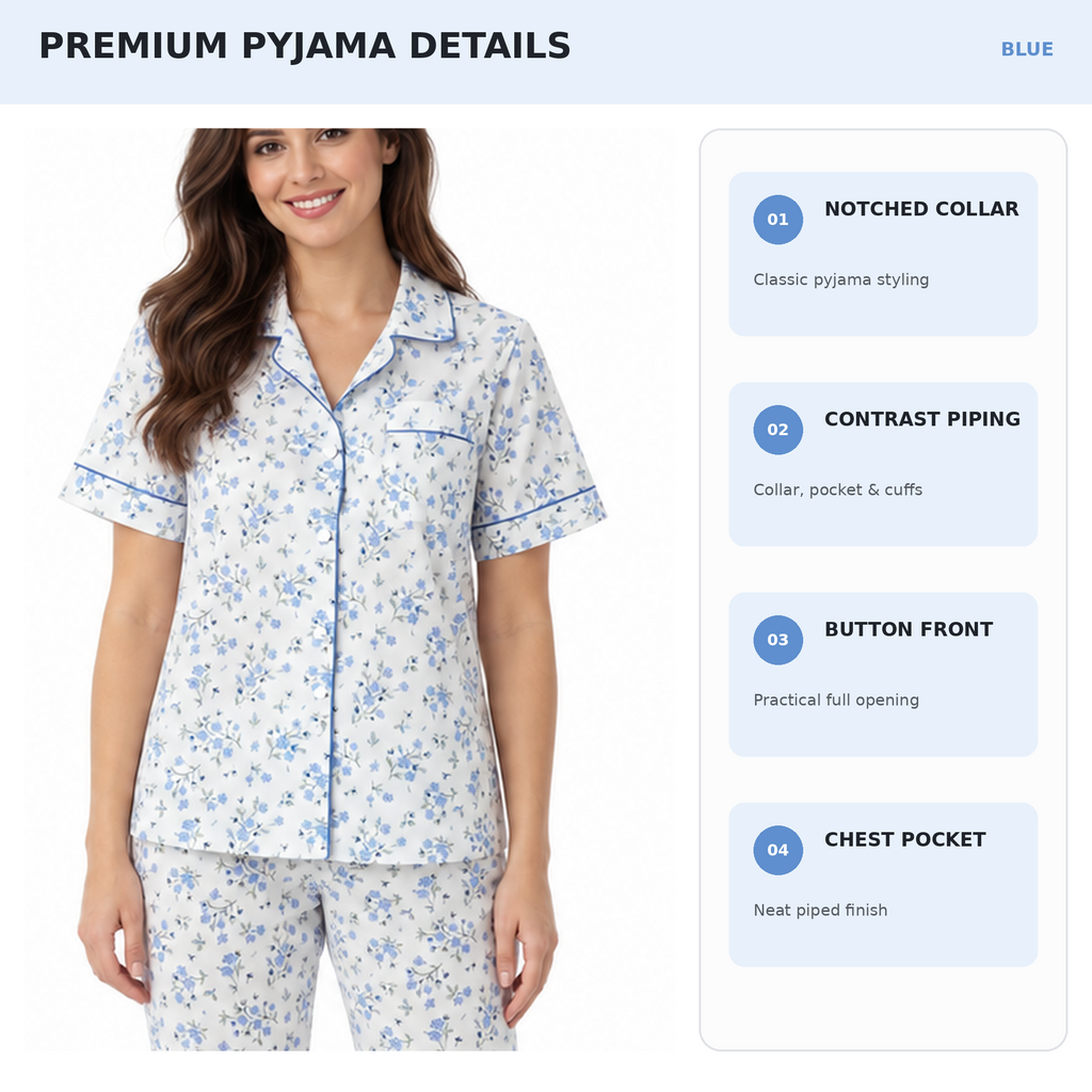 Blue pyjama set details showing the notched collar, contrast piping, button front and chest pocket