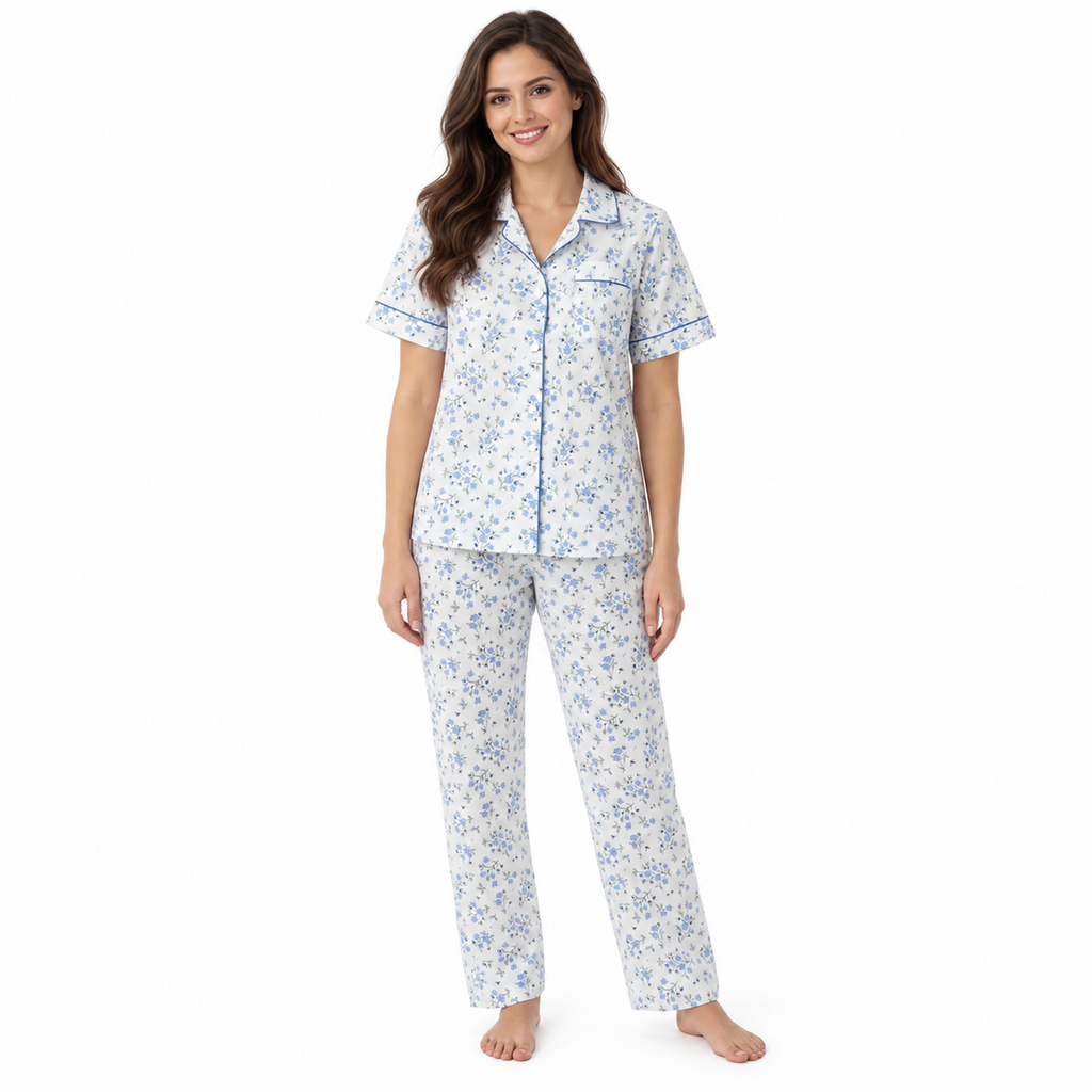 LR14 women's blue floral short-sleeve button-front pyjama set with full-length trousers, front view
