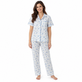 LR14 women's blue floral short-sleeve button-front pyjama set with full-length trousers, front view