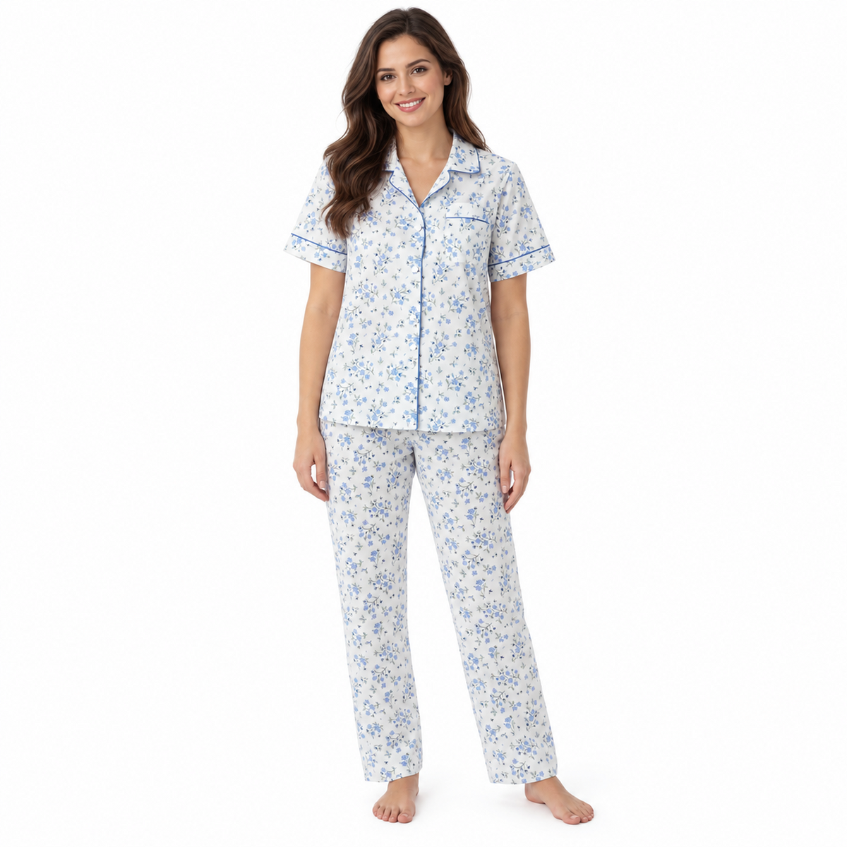 LR14 women's blue floral short-sleeve button-front pyjama set with full-length trousers, front view