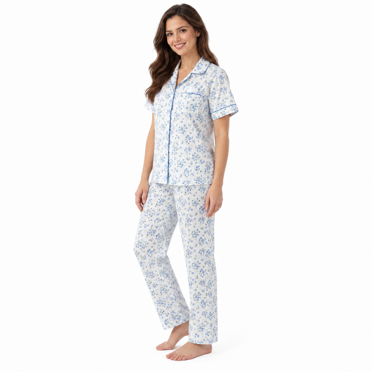 Side view of the blue floral pyjama shirt and straight-leg trousers