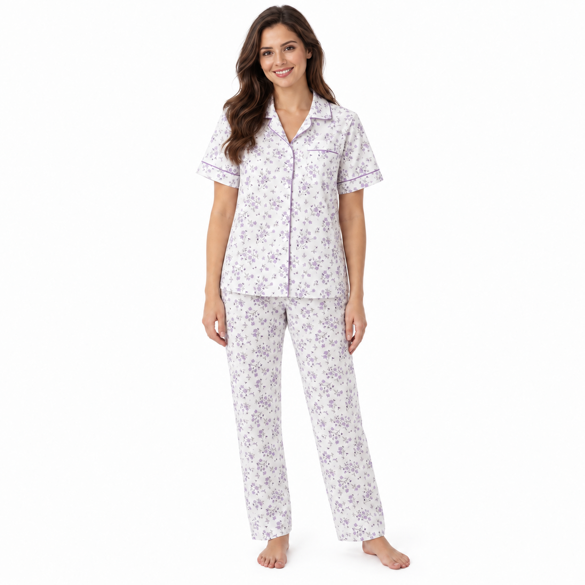 LR14 women's lilac floral short-sleeve button-front pyjama set with full-length trousers, front view