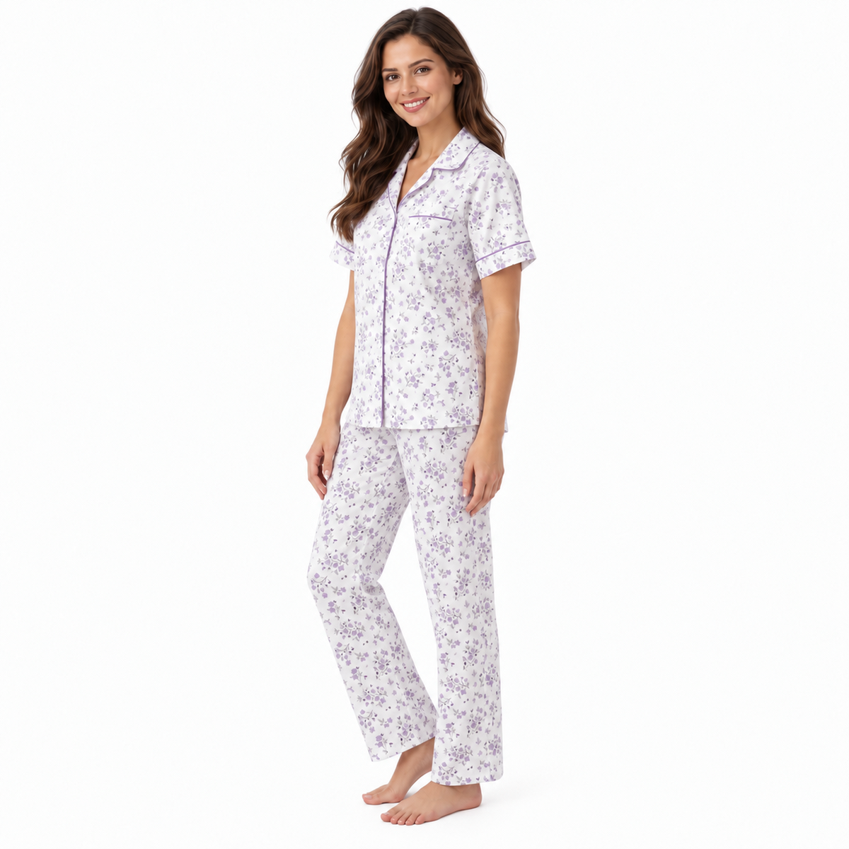 Side view of the lilac floral pyjama shirt and straight-leg trousers