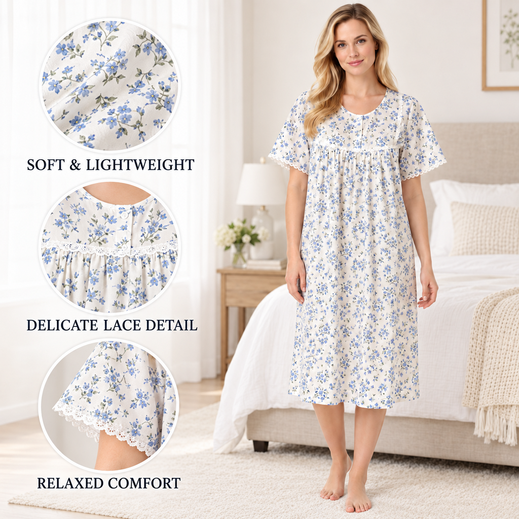 Blue floral nightdress feature image showing lightweight fabric, lace details and relaxed fit