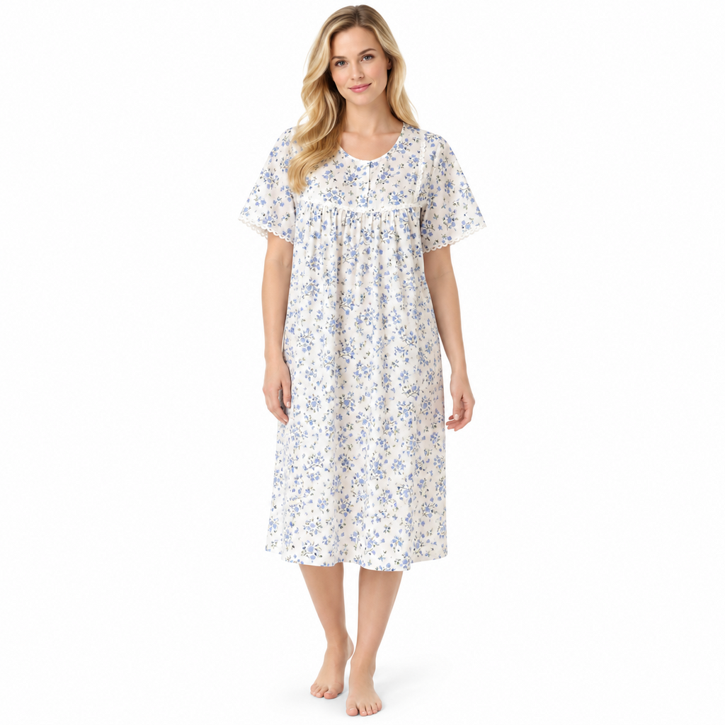 Women's blue floral polycotton nightdress with round neck, short sleeves and lace trim, front view