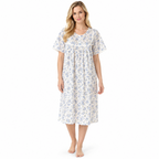 Women's blue floral polycotton nightdress with round neck, short sleeves and lace trim, front view