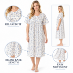 Blue floral nightdress fit image showing a relaxed silhouette, below-knee length and room for movement