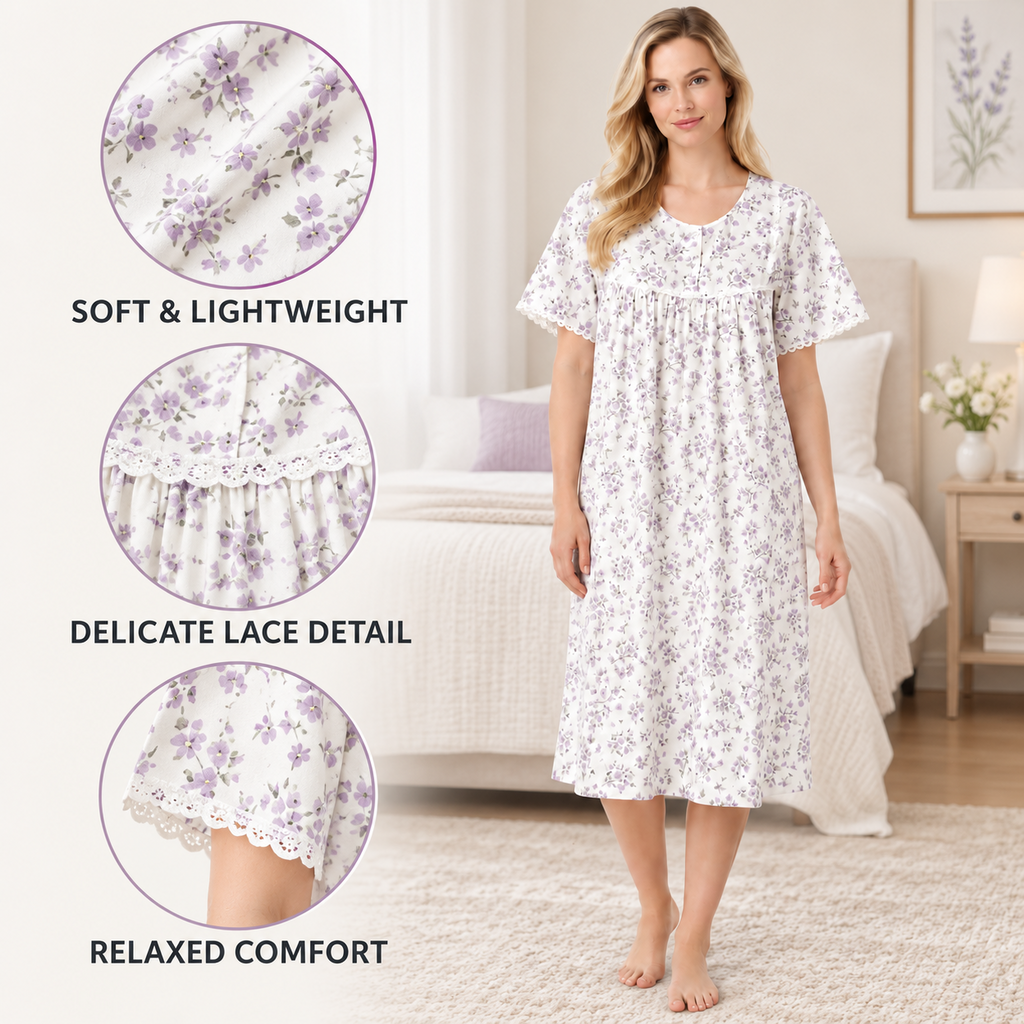 Lilac floral nightdress feature image showing lightweight fabric, lace details and relaxed fit