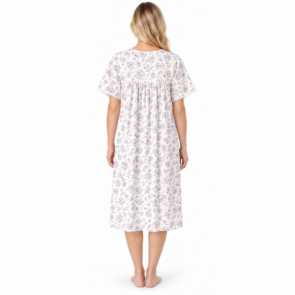 Rear view of the lilac floral short-sleeve nightdress with a relaxed fit