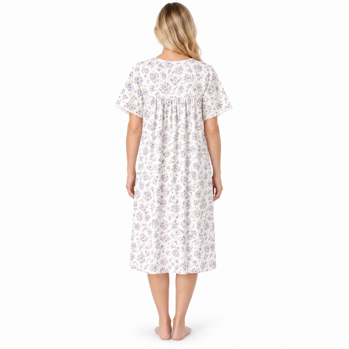 Rear view of the lilac floral short-sleeve nightdress with a relaxed fit
