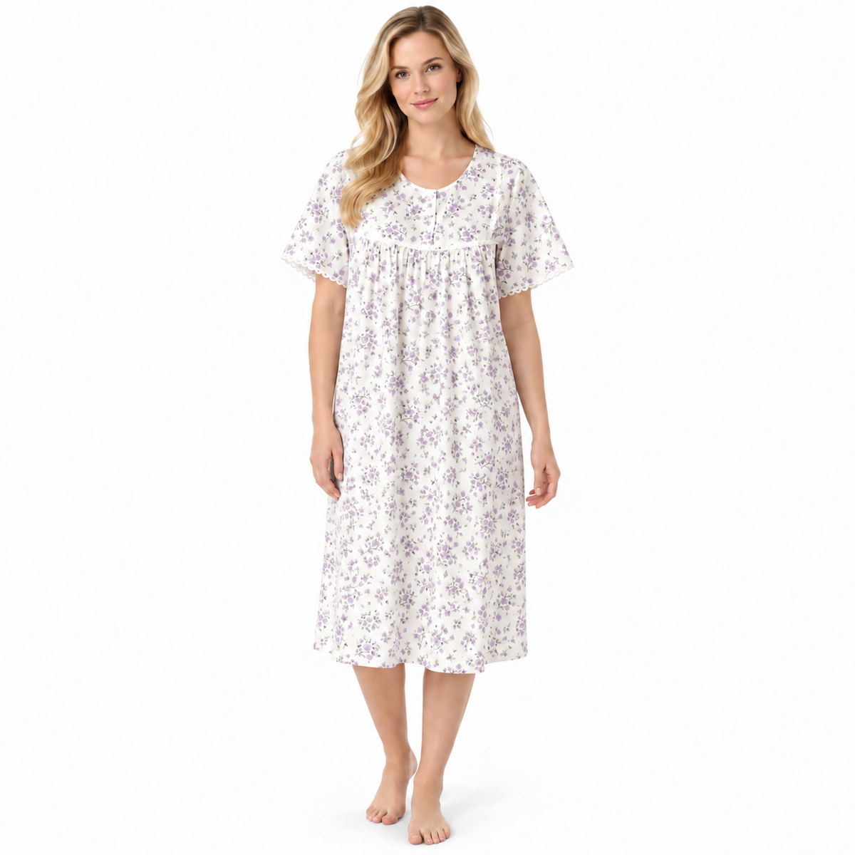Women's lilac floral polycotton nightdress with round neck, short sleeves and lace trim, front view