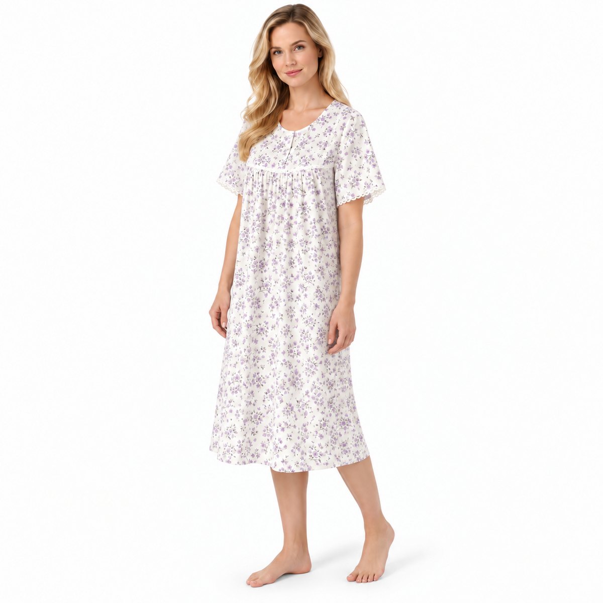 Three-quarter view of the lilac floral nightdress with lace-trimmed short sleeves