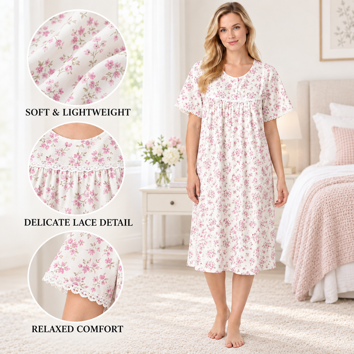Pink floral nightdress feature image showing lightweight fabric, lace details and relaxed fit