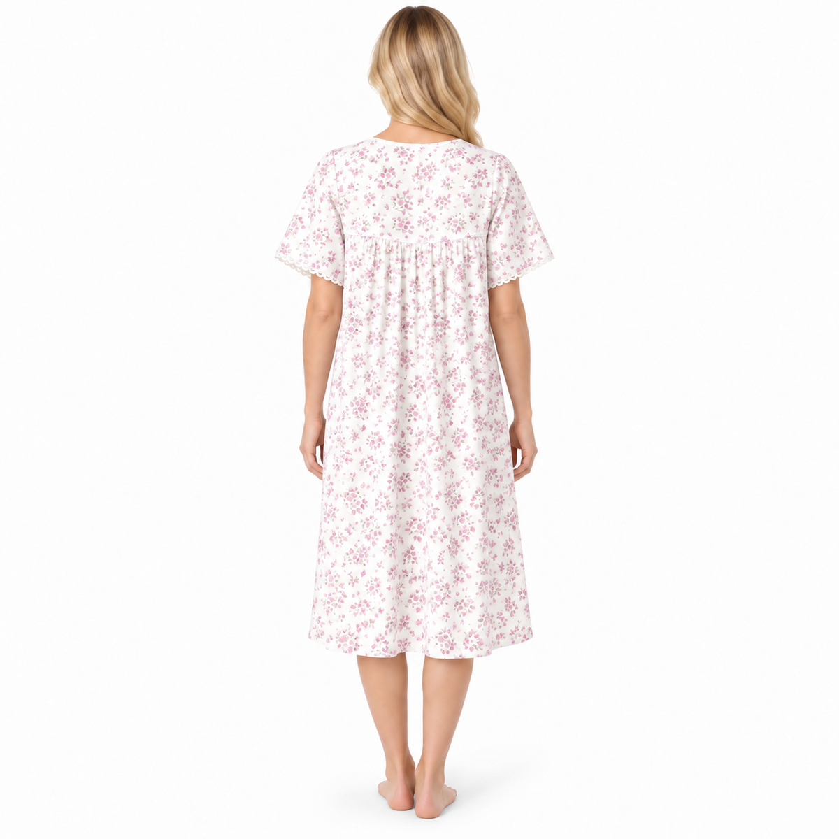Rear view of the pink floral short-sleeve nightdress with a relaxed fit