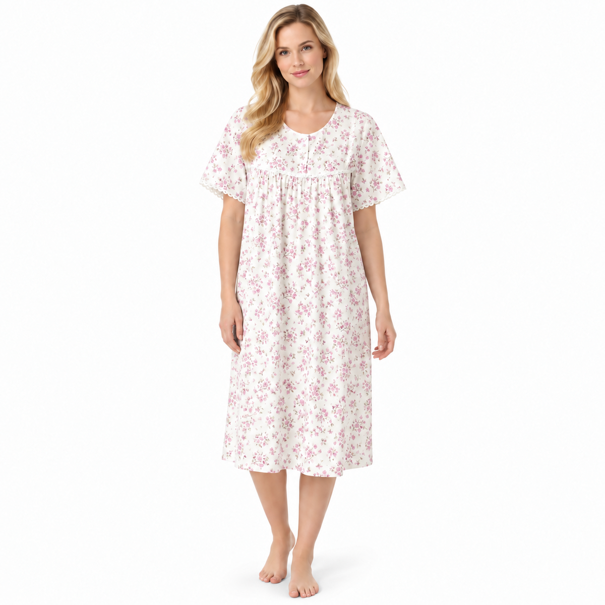 Women's pink floral polycotton nightdress with round neck, short sleeves and lace trim, front view