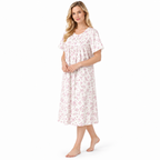 Three-quarter view of the pink floral nightdress showing lace-trimmed short sleeves