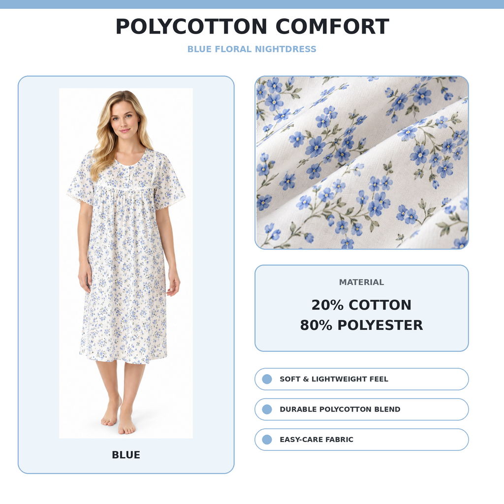 Nightdress material information showing floral fabric made from 20 percent cotton and 80 percent polyester