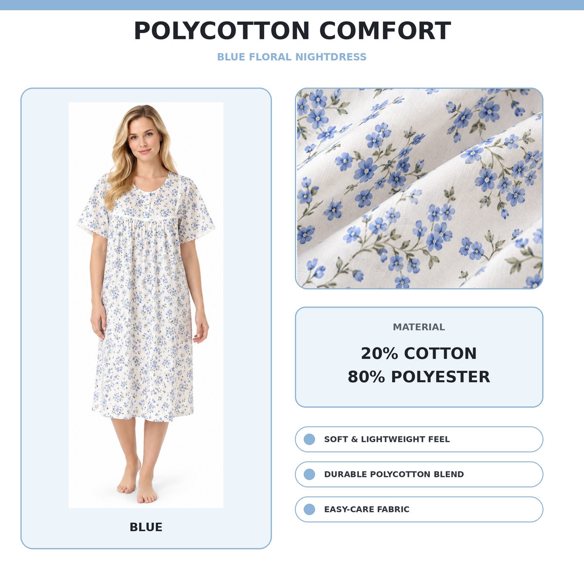 Nightdress material information showing floral fabric made from 20 percent cotton and 80 percent polyester