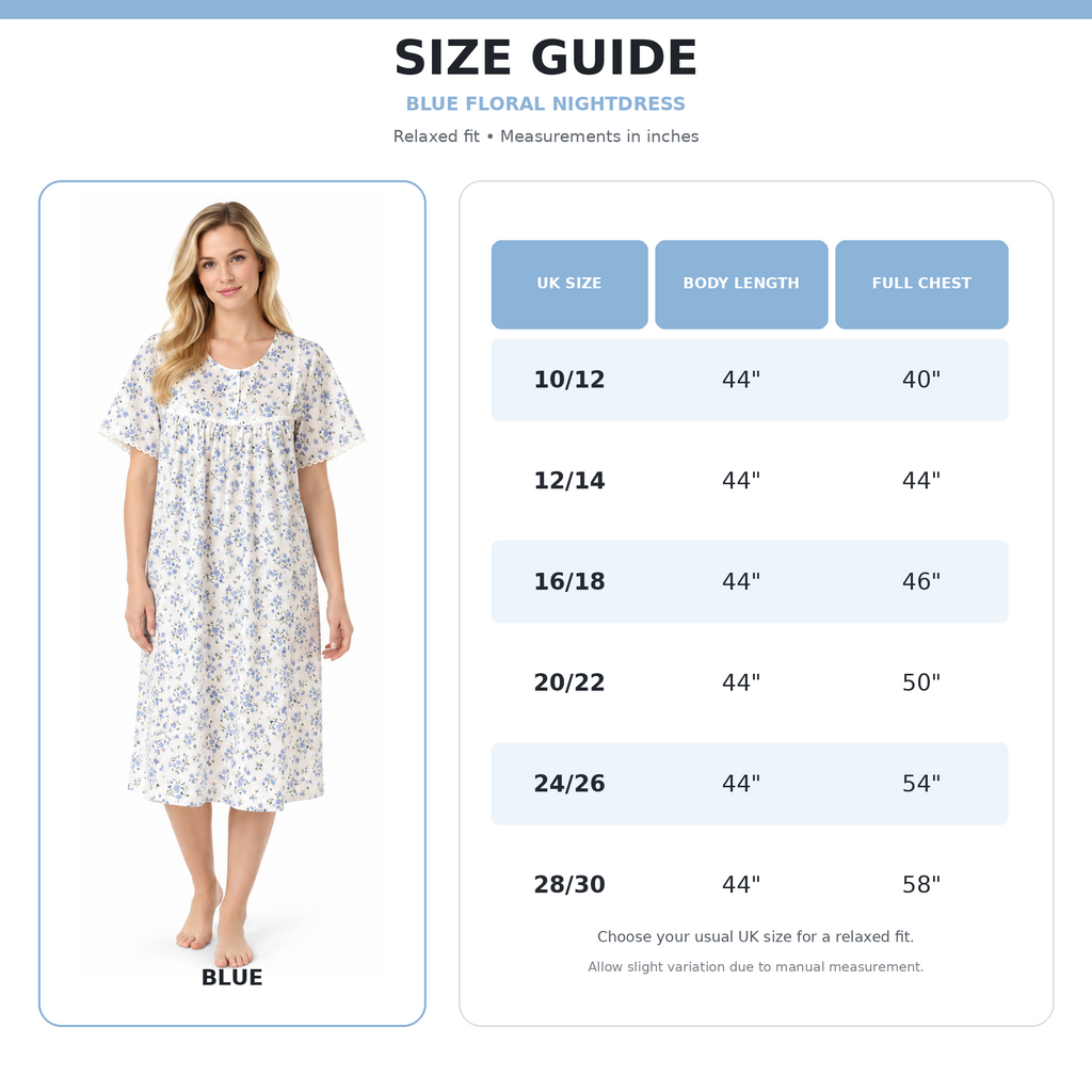 Nightdress size guide showing six UK size options, 44-inch body length and chest measurements in inches