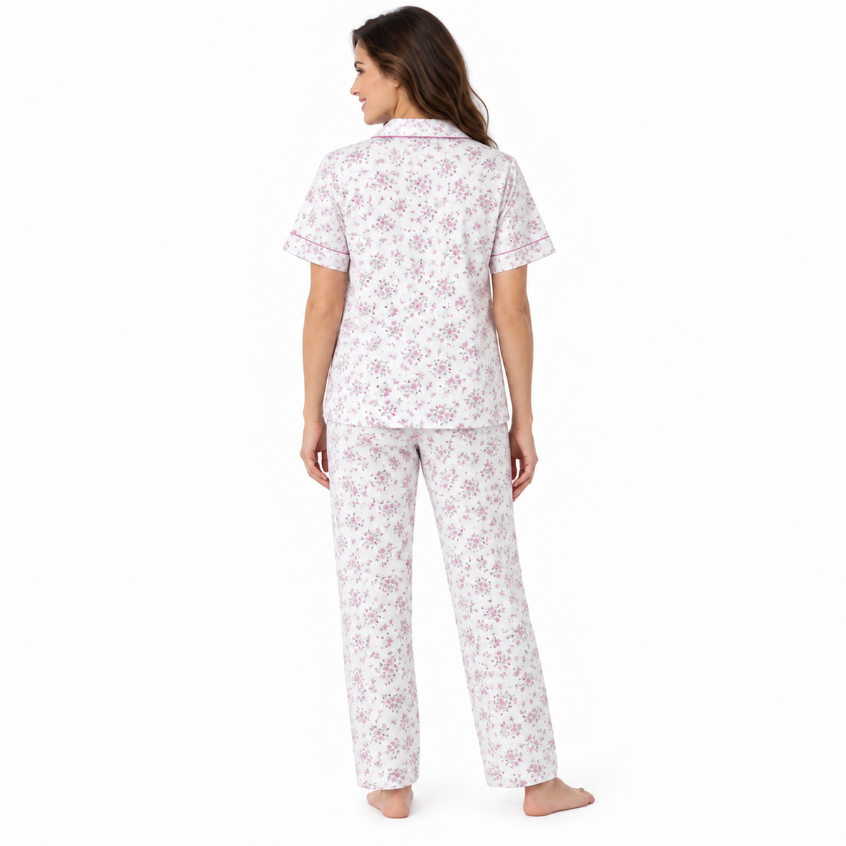 Back view of the pink floral short-sleeve pyjama shirt and full-length trousers
