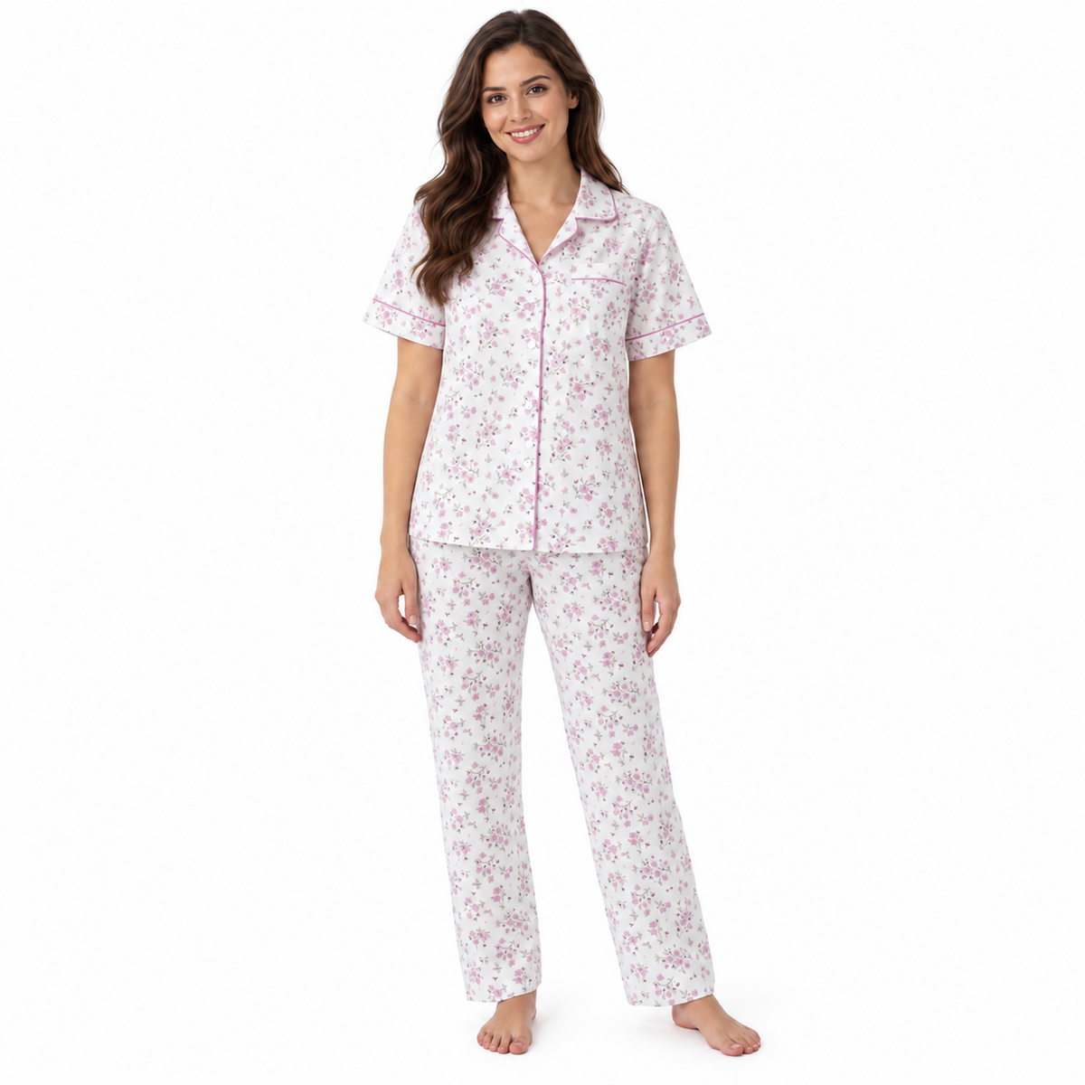 LR14 women's pink floral short-sleeve button-front pyjama set with full-length trousers, front view
