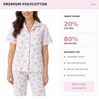 Pink floral pyjama fabric information showing 20 percent cotton and 80 percent polyester
